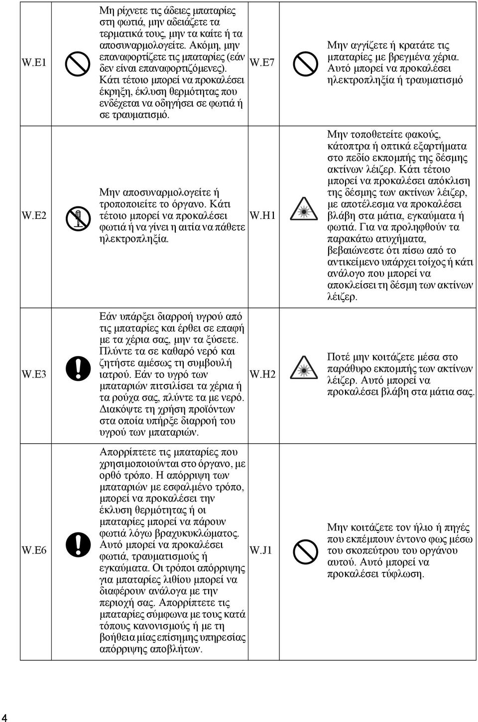 Κάτι τέτοιο μπορεί να προκαλέσει W.H1 φωτιά ή να γίνει η αιτία να πάθετε Εάν υπάρξει διαρροή υγρού από τις μπαταρίες και έρθει σε επαφή με τα χέρια σας, μην τα ξύσετε.