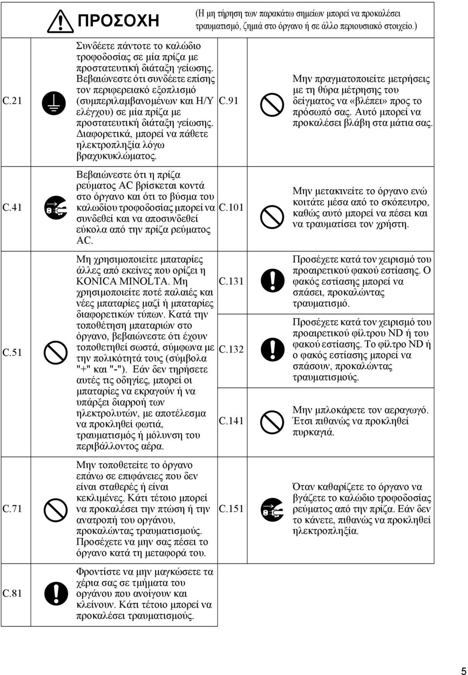 Διαφορετικά, μπορεί να πάθετε ηλεκτροπληξία λόγω βραχυκυκλώματος. Βεβαιώνεστε ότι η πρίζα ρεύματος AC βρίσκεται κοντά στο όργανο και ότι το βύσμα του καλωδίου τροφοδοσίας μπορεί να C.