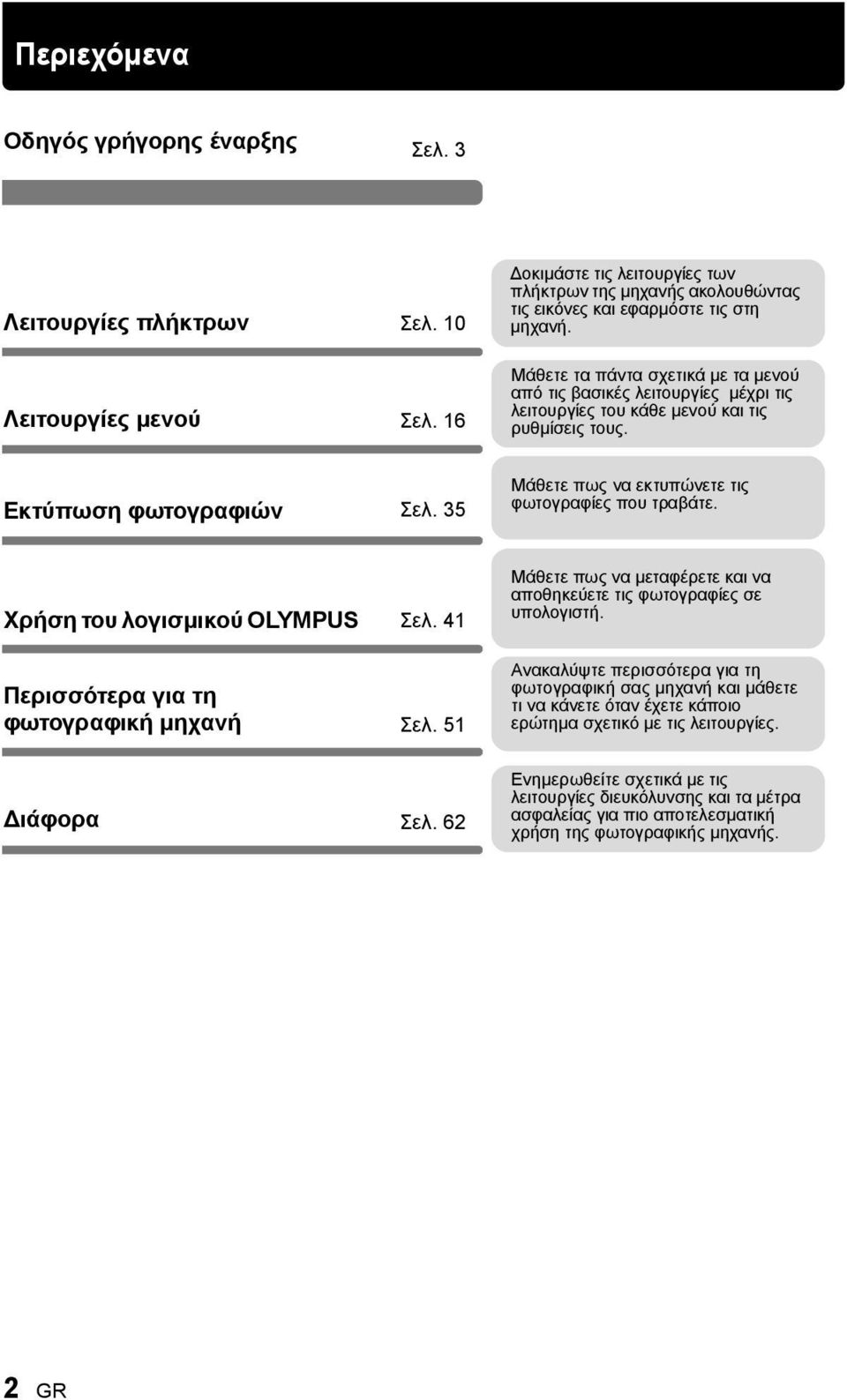 35 Μάθετε πως να εκτυπώνετε τις φωτογραφίες που τραβάτε. Χρήση του λογισμικού OLYMPUS Σελ. 41 Μάθετε πως να μεταφέρετε και να αποθηκεύετε τις φωτογραφίες σε υπολογιστή.