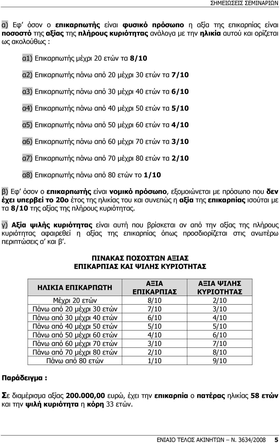 ετών τα 4/10 α6) Επικαρπωτής πάνω από 60 µέχρι 70 ετών τα 3/10 α7) Επικαρπωτής πάνω από 70 µέχρι 80 ετών τα 2/10 α8) Επικαρπωτής πάνω από 80 ετών το 1/10 β) Εφ όσον ο επικαρπωτής είναι νοµικό