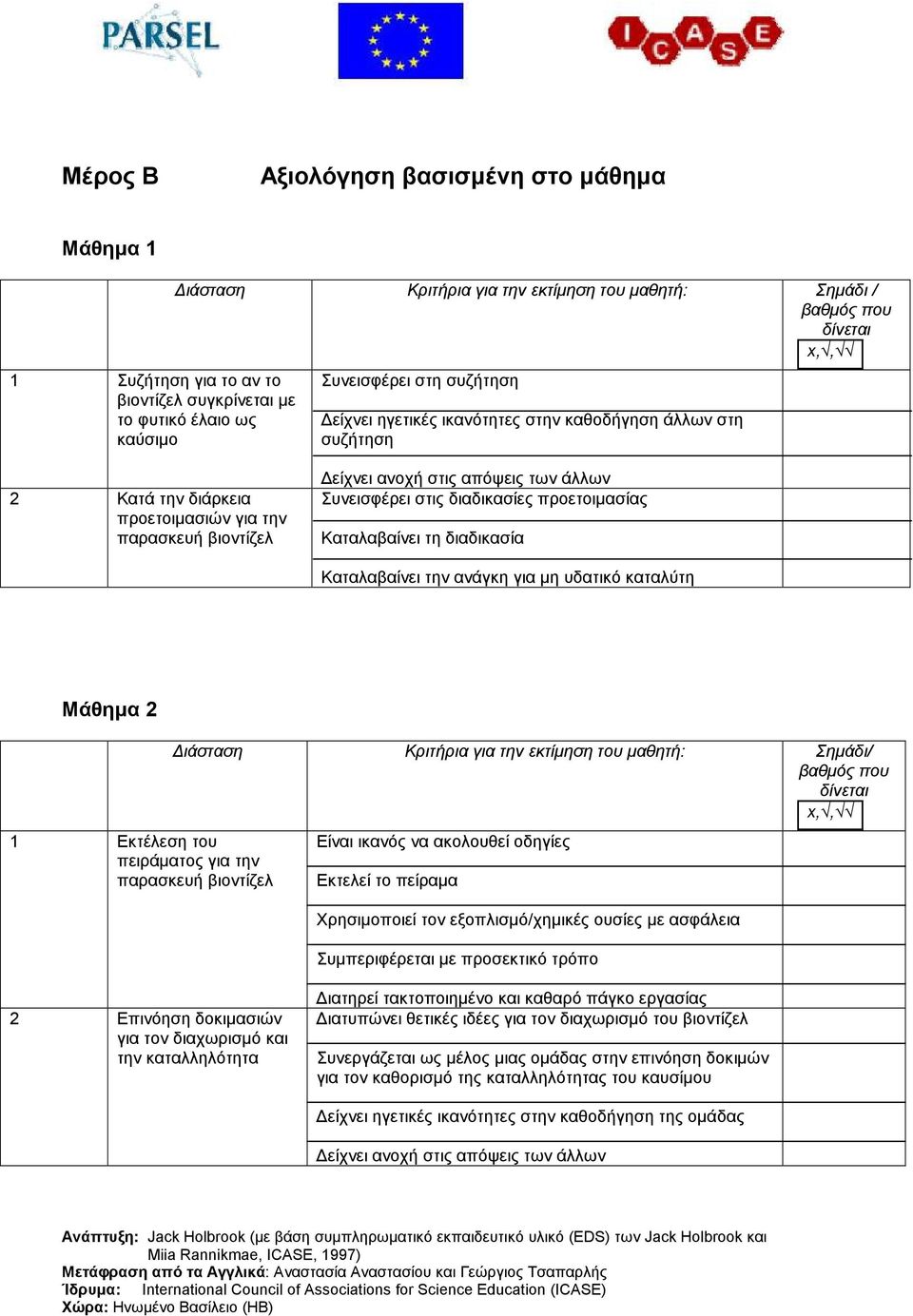 προετοιµασίας Καταλαβαίνει τη διαδικασία Καταλαβαίνει την ανάγκη για µη υδατικό καταλύτη Μάθηµα 2 1 Εκτέλεση του πειράµατος για την παρασκευή βιοντίζελ ιάσταση Κριτήρια για την εκτίµηση του µαθητή: