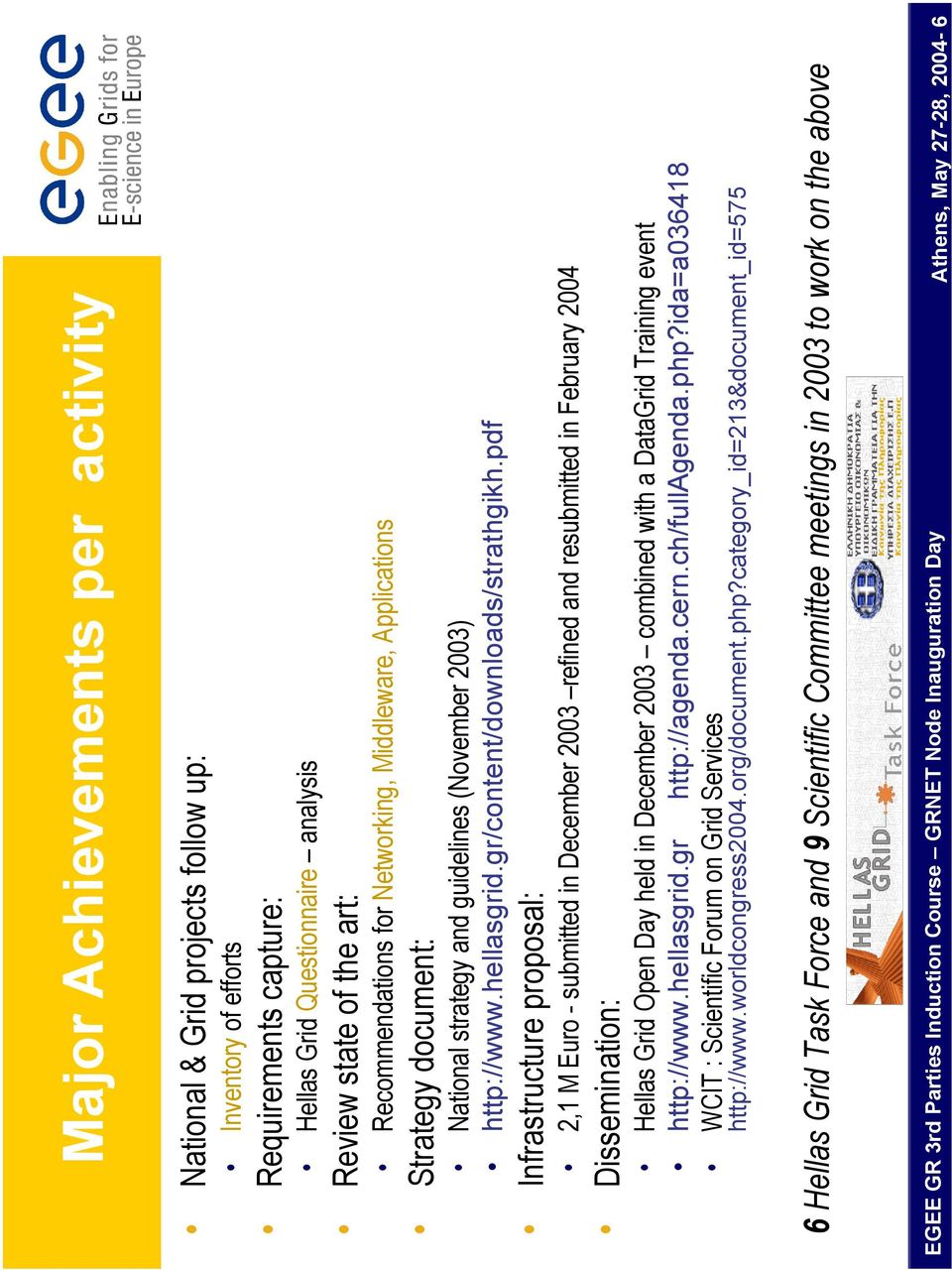 pdf Infrastructure proposal: 2,1 M Euro - submitted in December 2003 refined and resubmitted in February 2004 Dissemination: Hellas Grid Open Day held in December 2003 combined with a DataGrid