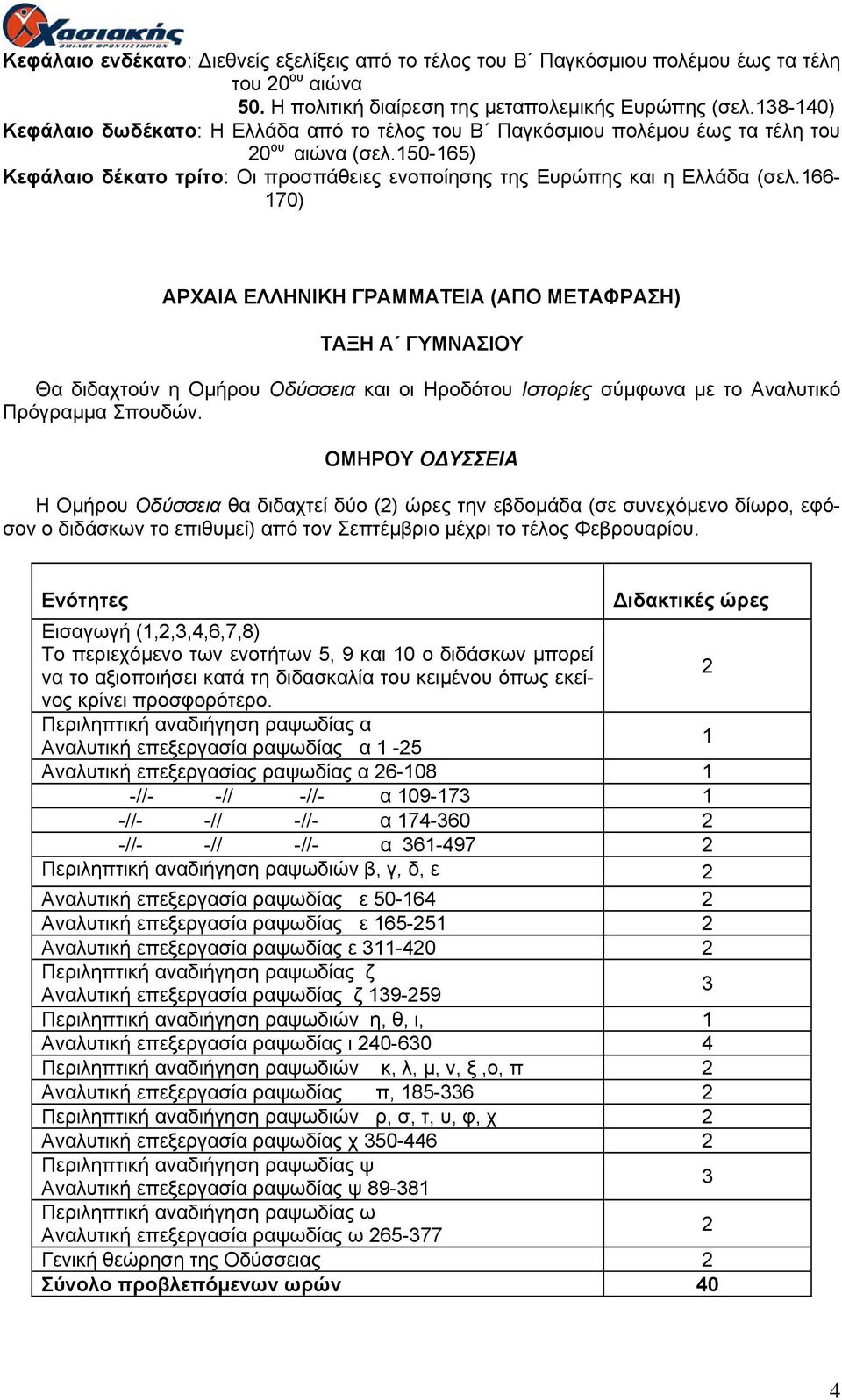 166-170) ΑΡΧΑΙΑ ΕΛΛΗΝΙΚΗ ΓΡΑΜMΑΤΕΙΑ (ΑΠΟ ΜΕΤΑΦΡΑΣΗ) ΤΑΞΗ Α ΓΥΜΝΑΣΙΟΥ Θα διδαχτούν η Ομήρου Οδύσσεια και οι Ηροδότου Ιστορίες σύμφωνα με το Αναλυτικό Πρόγραμμα Σπουδών.