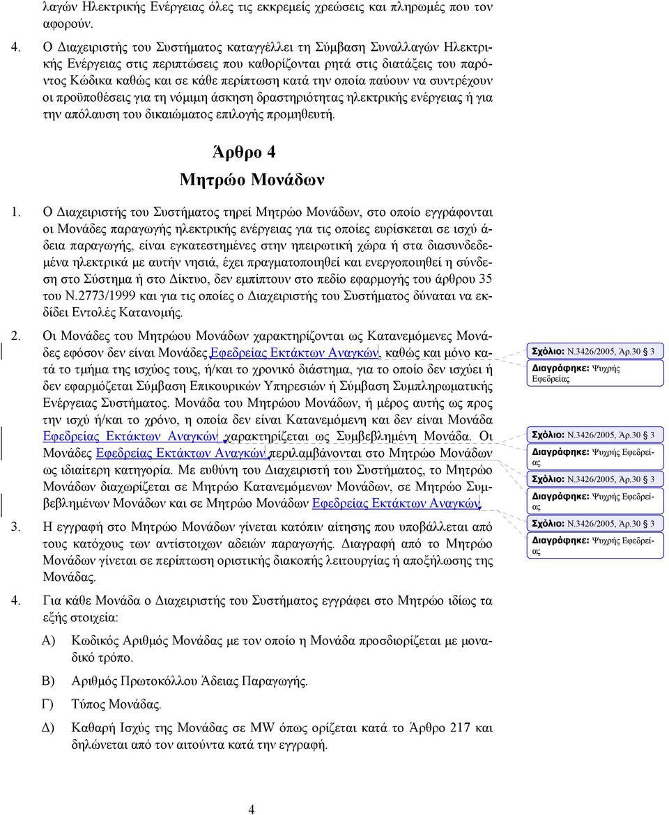 οποία παύουν να συντρέχουν οι προϋποθέσεις για τη νόμιμη άσκηση δραστηριότητας ηλεκτρικής ενέργειας ή για την απόλαυση του δικαιώματος επιλογής προμηθευτή. Άρθρο 4 Μητρώο Μονάδων 1.