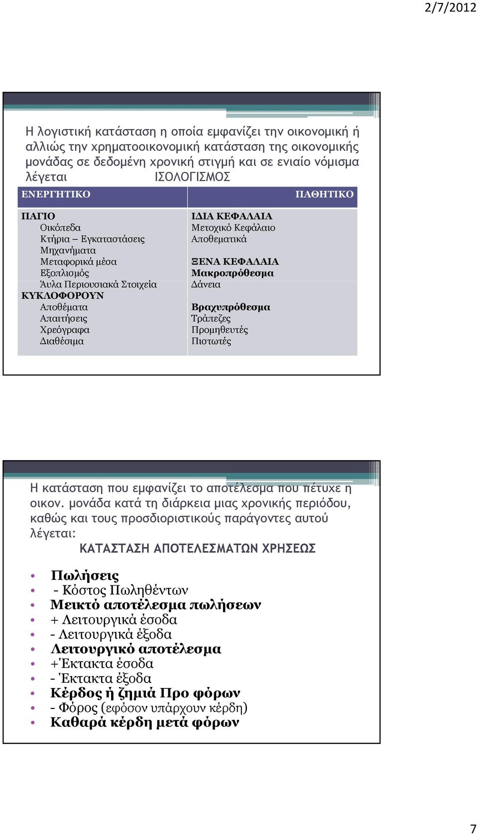 Αποθεματικά ΞΕΝΑ ΚΕΦΑΛΑΙΑ Μακροπρόθεσμα Δάνεια Βραχυπρόθεσμα Τράπεζες Προμηθευτές Πιστωτές Η κατάσταση που εμφανίζει το αποτέλεσμα που πέτυχε η οικον.