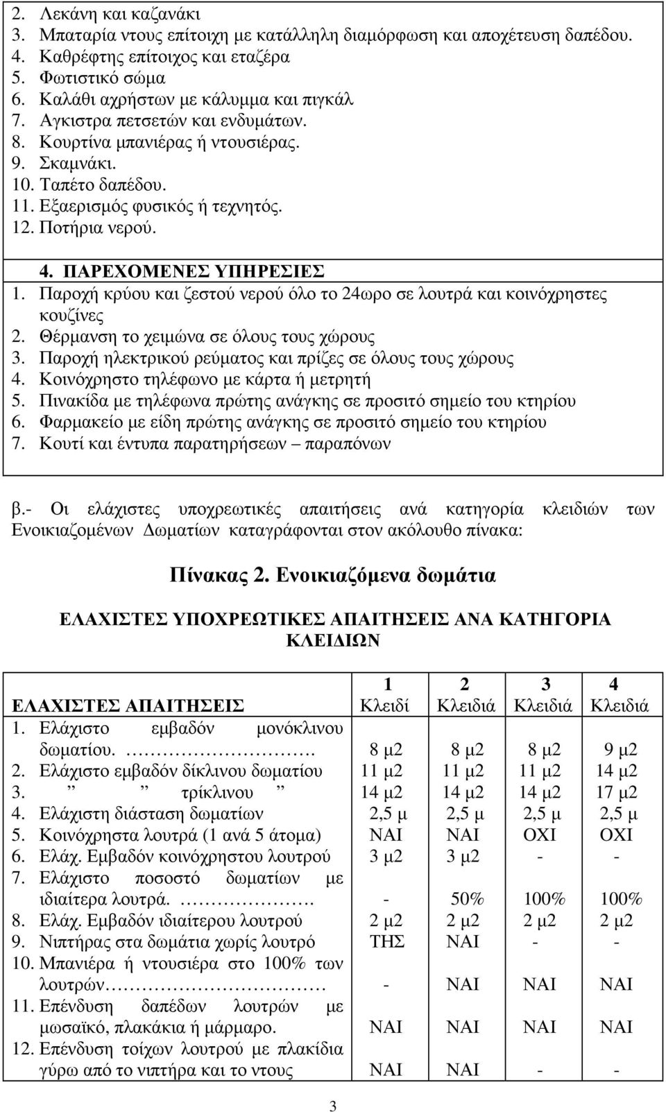 Παροχή κρύου και ζεστού νερού όλο το 2ωρο σε λουτρά και κοινόχρηστες κουζίνες 2. Θέρµανση το χειµώνα σε όλους τους χώρους 3. Παροχή ηλεκτρικού ρεύµατος και πρίζες σε όλους τους χώρους.