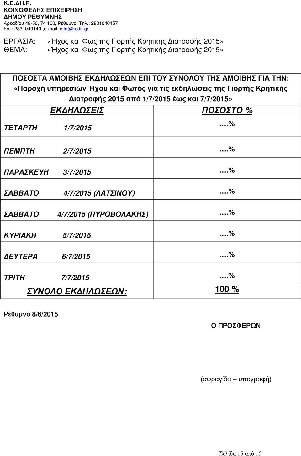 ΑΜΟΙΒΗΣ ΓΙΑ ΤΗΝ: «Παροχή υπηρεσιών Ήχου και Φωτός για τις εκδηλώσεις της Γιορτής Κρητικής ιατροφής 2015 1/7/2015 και 7/7/2015» ΕΚ ΗΛΩΣΕΙΣ ΠΟΣΟΣΤΟ % ΤΕΤΑΡΤΗ 1/7/2015.