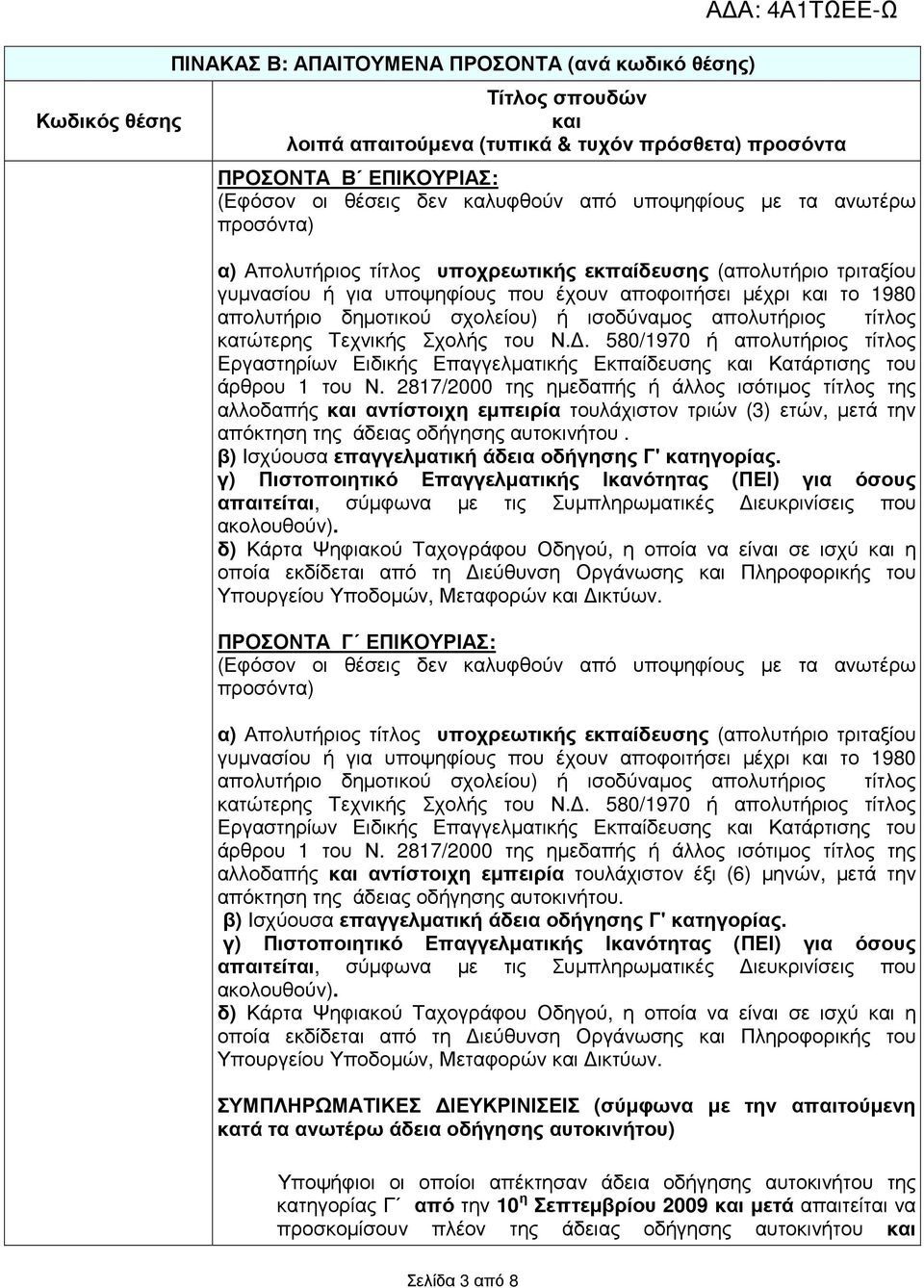 2817/2000 της ηµεδαπής ή άλλος ισότιµος τίτλος της αλλοδαπής αντίστοιχη εµπειρία τουλάχιστον τριών (3) ετών, µετά την απόκτηση της άδειας οδήγησης αυτοκινήτου.