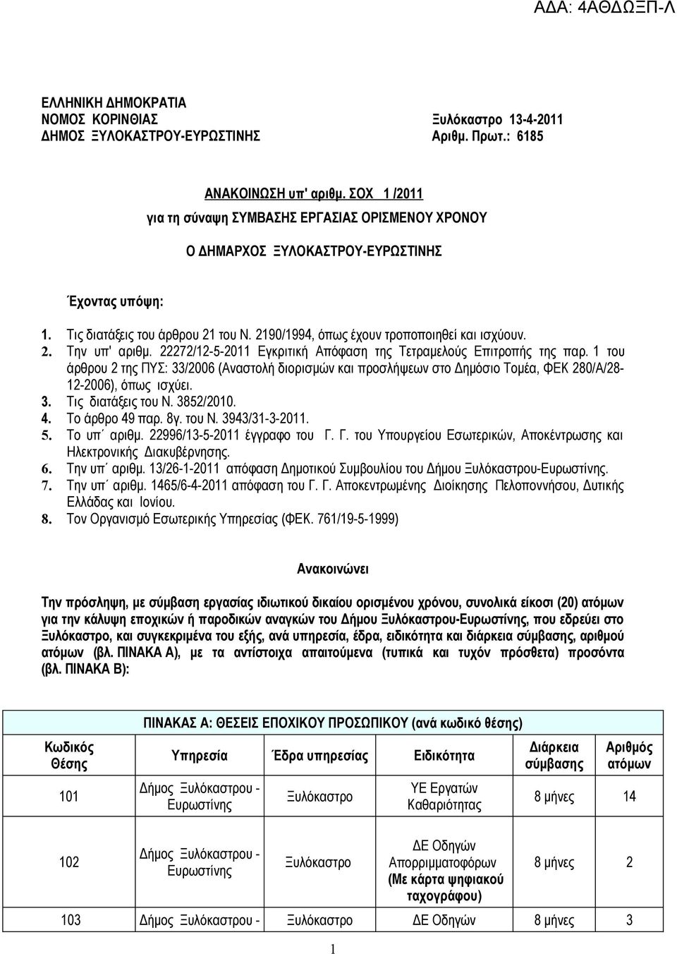 22272/12-5-2011 Εγκριτική Απόφαση της Τετραμελούς Επιτροπής της παρ. 1 του άρθρου 2 της ΠΥΣ: 33/2006 (Αναστολή διορισμών προσλήψεων στο Δημόσιο Τομέα, ΦΕΚ 280/Α/28-12-2006), όπως ισχύει. 3. Τις διατάξεις του Ν.