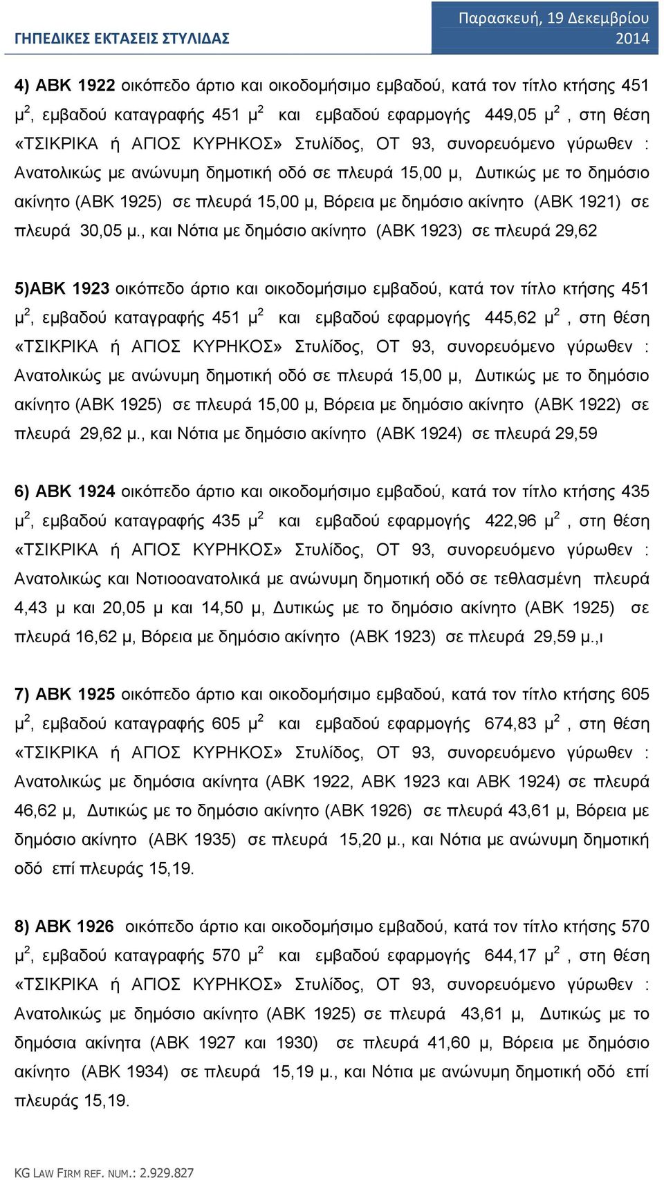 , και Νότια με δημόσιο ακίνητο (ΑΒΚ 1923) σε πλευρά 29,62 5)ΑΒΚ 1923 οικόπεδο άρτιο και οικοδομήσιμο εμβαδού, κατά τον τίτλο κτήσης 451 μ 2, εμβαδού καταγραφής 451 μ 2 και εμβαδού εφαρμογής 445,62 μ