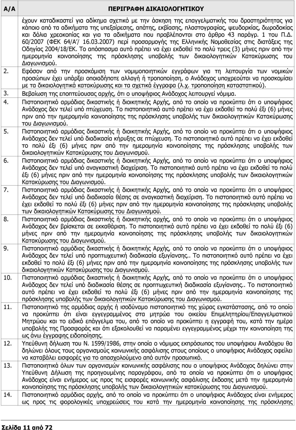 2007) περί προσαρμογής της Ελληνικής Νομοθεσίας στις διατάξεις της Οδηγίας 2004/18/ΕΚ.