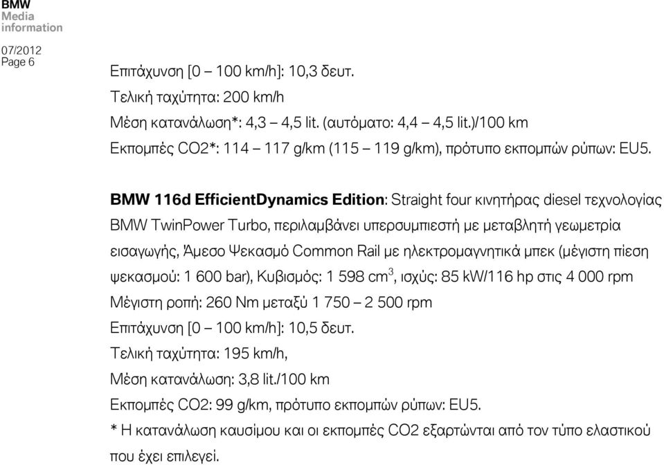 BMW 116d EfficientDynamics Edition: Straight four κινησήπαρ diesel σεφνολογίαρ BMW TwinPower Turbo, πεπιλαμβάνει τπεπςτμπιεςσή με μεσαβλησή γεψμεσπία ειςαγψγήρ, Άμεςο Ψεκαςμό Common Rail με