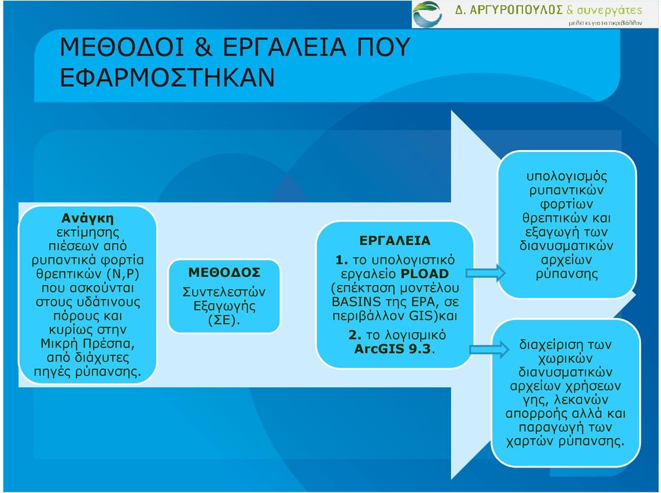 το υπολογιστικό εργαλείο PLOAD (επέκταση µοντέλου BASINS της EPA, σε περιβάλλον GIS)και 2. το λογισµικό ArcGIS 9.3.