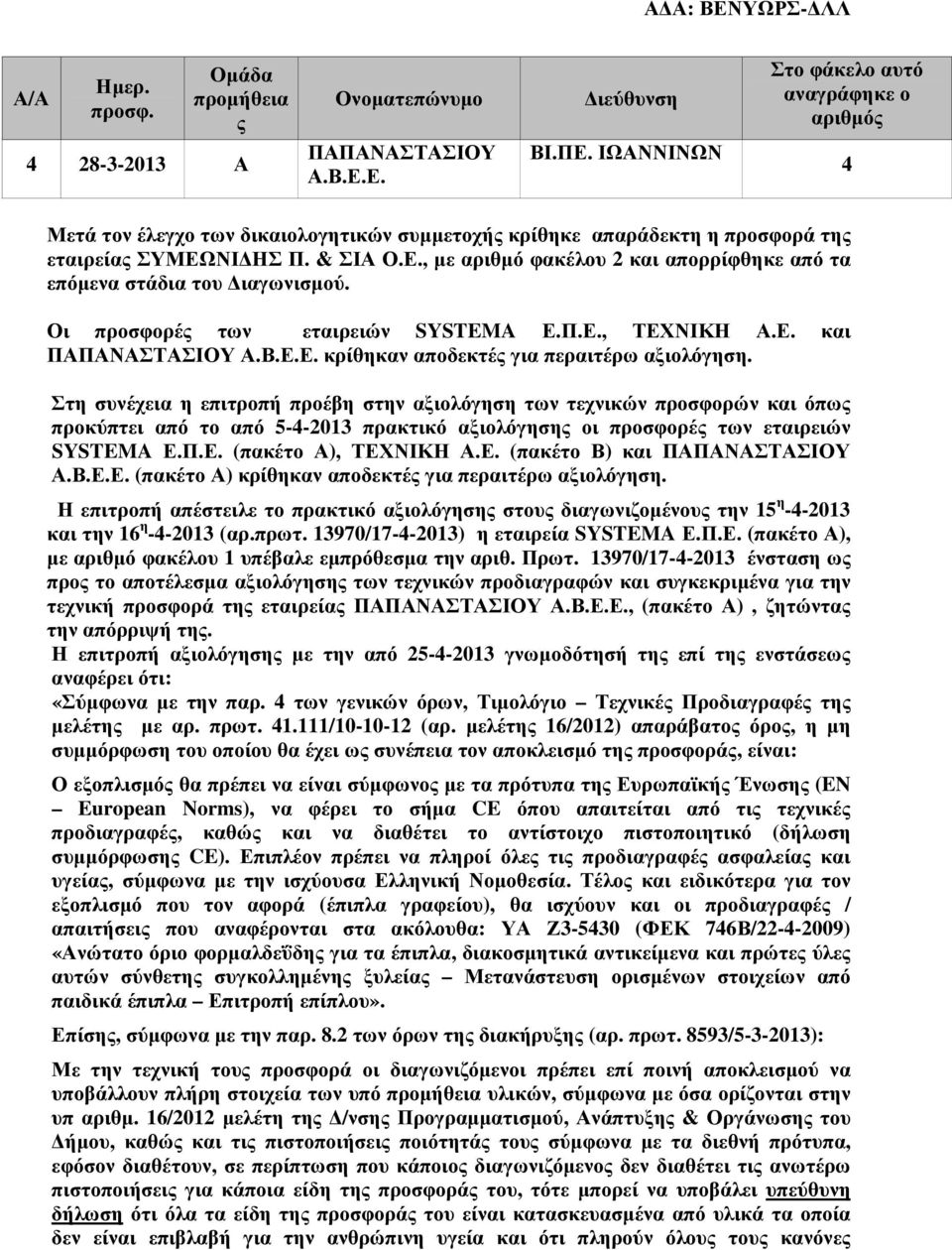 ΝΙ ΗΣ Π. & ΣΙΑ Ο.Ε., µε αριθµό φακέλου 2 και απορρίφθηκε από τα επόµενα στάδια του ιαγωνισµού. Οι προσφορές των εταιρειών SYSTEMA Ε.Π.Ε., ΤΕΧΝΙΚΗ Α.Ε. και ΠΑΠΑΝΑΣΤΑΣΙΟΥ Α.Β.Ε.Ε. κρίθηκαν αποδεκτές για περαιτέρω αξιολόγηση.