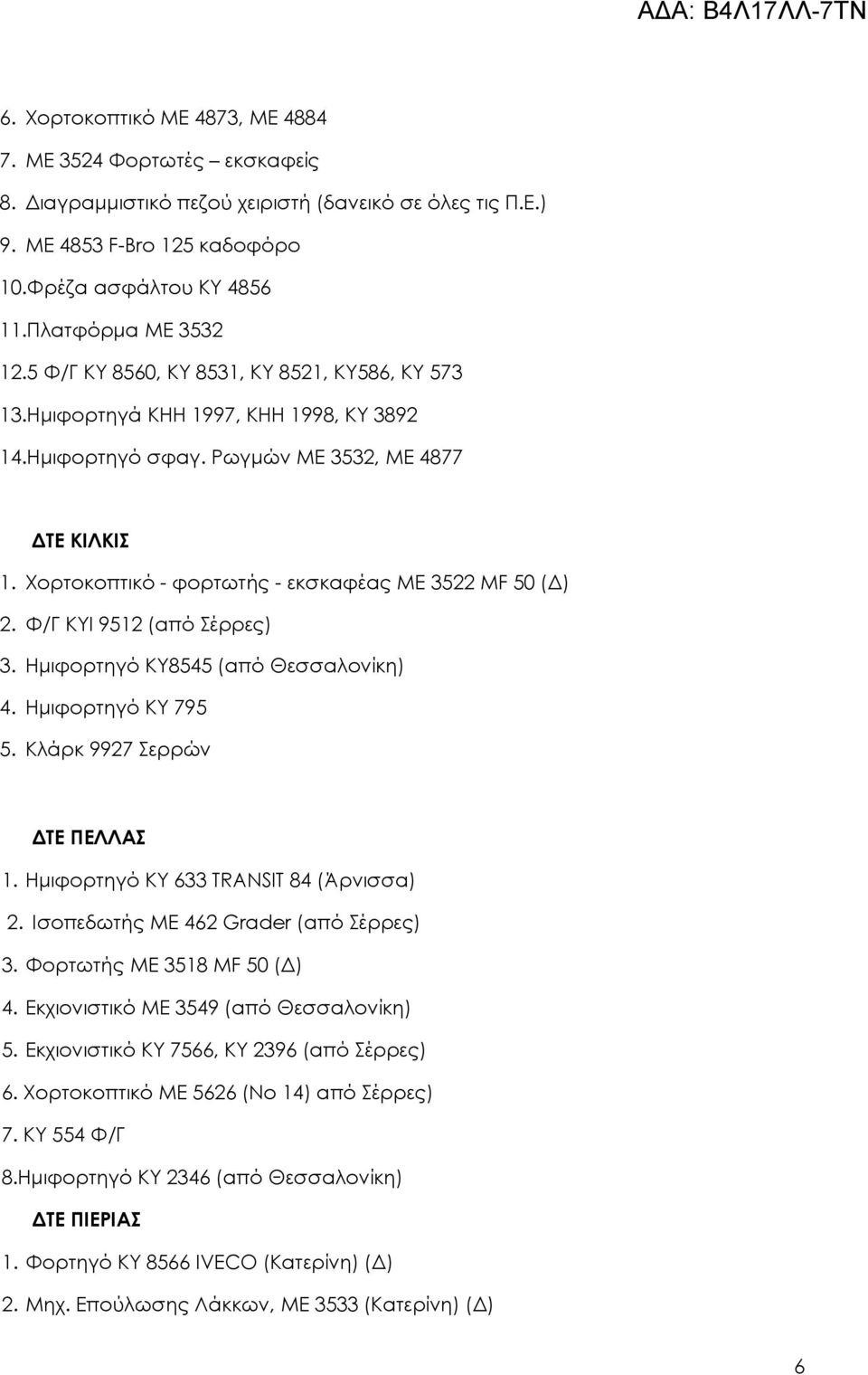 Χορτοκοπτικό - φορτωτής - εκσκαφέας ΜΕ 3522 MF 50 (Δ) 2. Φ/Γ ΚΥΙ 9512 (από Σέρρες) 3. Ημιφορτηγό ΚΥ8545 (από Θεσσαλονίκη) 4. Ημιφορτηγό ΚΥ 795 5. Κλάρκ 9927 Σερρών ΔΤΕ ΠΕΛΛΑΣ 1.
