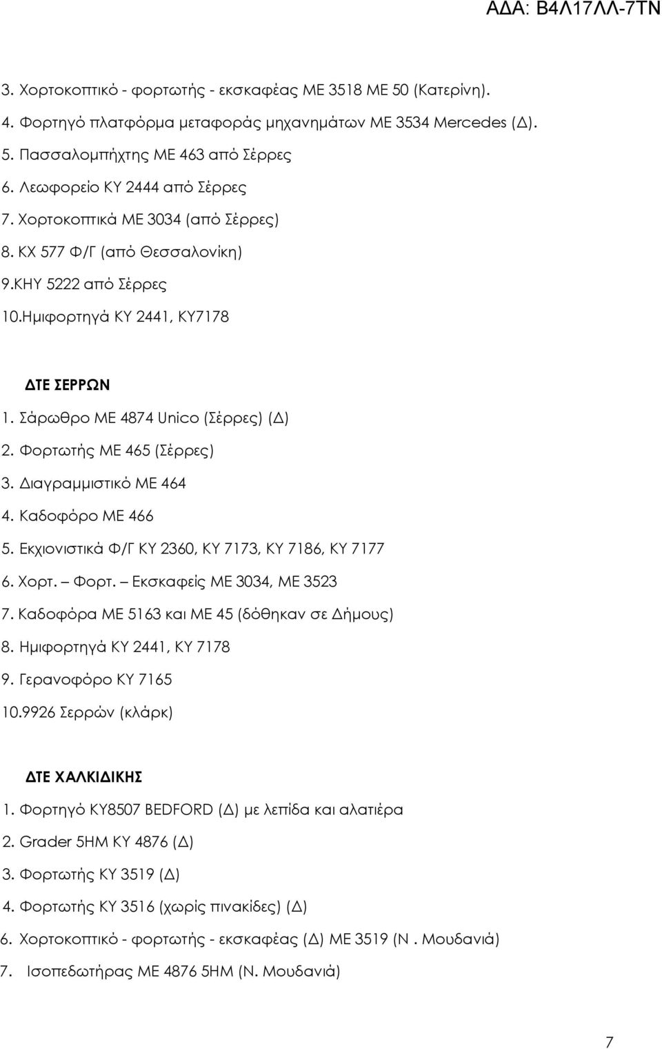 Διαγραμμιστικό ΜΕ 464 4. Καδοφόρο ΜΕ 466 5. Εκχιονιστικά Φ/Γ ΚΥ 2360, ΚΥ 7173, ΚΥ 7186, ΚΥ 7177 6. Χορτ. Φορτ. Εκσκαφείς ΜΕ 3034, ΜΕ 3523 7. Καδοφόρα ΜΕ 5163 και ΜΕ 45 (δόθηκαν σε Δήμους) 8.