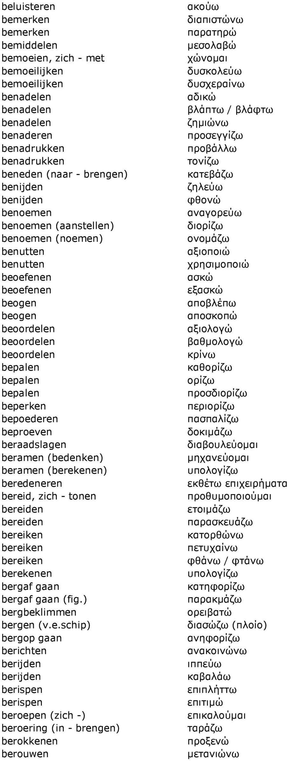 beraadslagen beramen (bedenken) beramen (berekenen) beredeneren bereid, zich - tonen bereiden bereiden bereiken bereiken bereiken berekenen bergaf gaan bergaf gaan (fig.) bergbeklimmen bergen