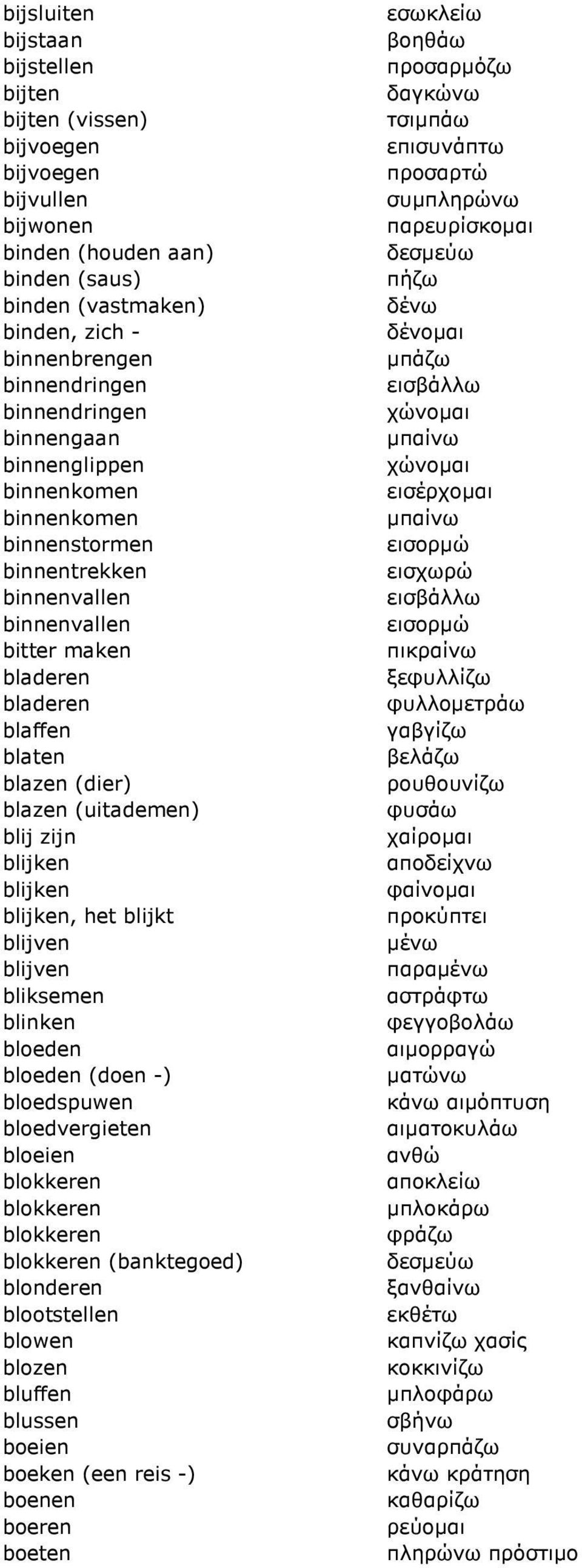 blij zijn blijken blijken blijken, het blijkt blijven blijven bliksemen blinken bloeden bloeden (doen -) bloedspuwen bloedvergieten bloeien blokkeren blokkeren blokkeren blokkeren (banktegoed)