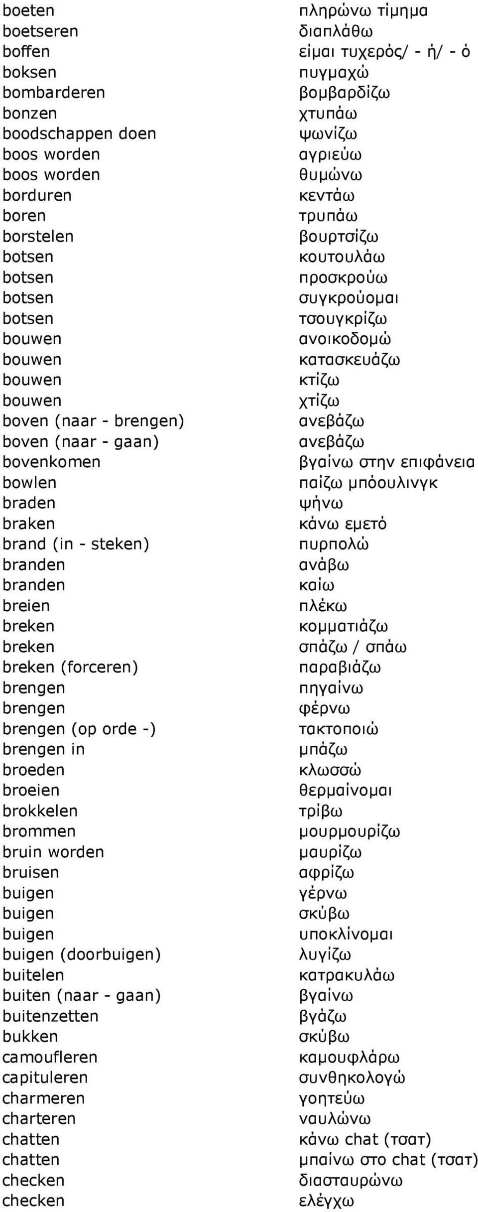 brommen bruin worden bruisen buigen buigen buigen buigen (doorbuigen) buitelen buiten (naar - gaan) buitenzetten bukken camoufleren capituleren charmeren charteren chatten chatten checken checken