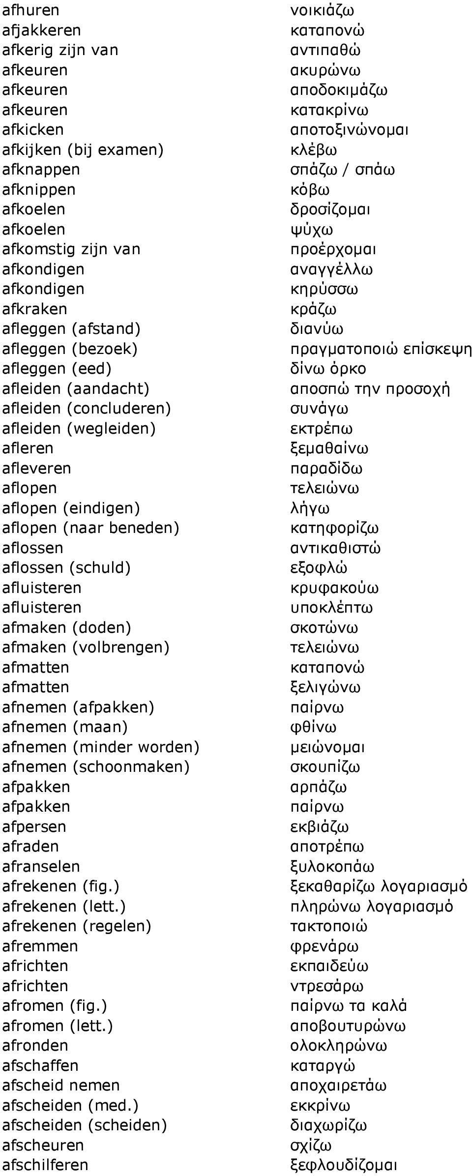 (schuld) afluisteren afluisteren afmaken (doden) afmaken (volbrengen) afmatten afmatten afnemen (afpakken) afnemen (maan) afnemen (minder worden) afnemen (schoonmaken) afpakken afpakken afpersen