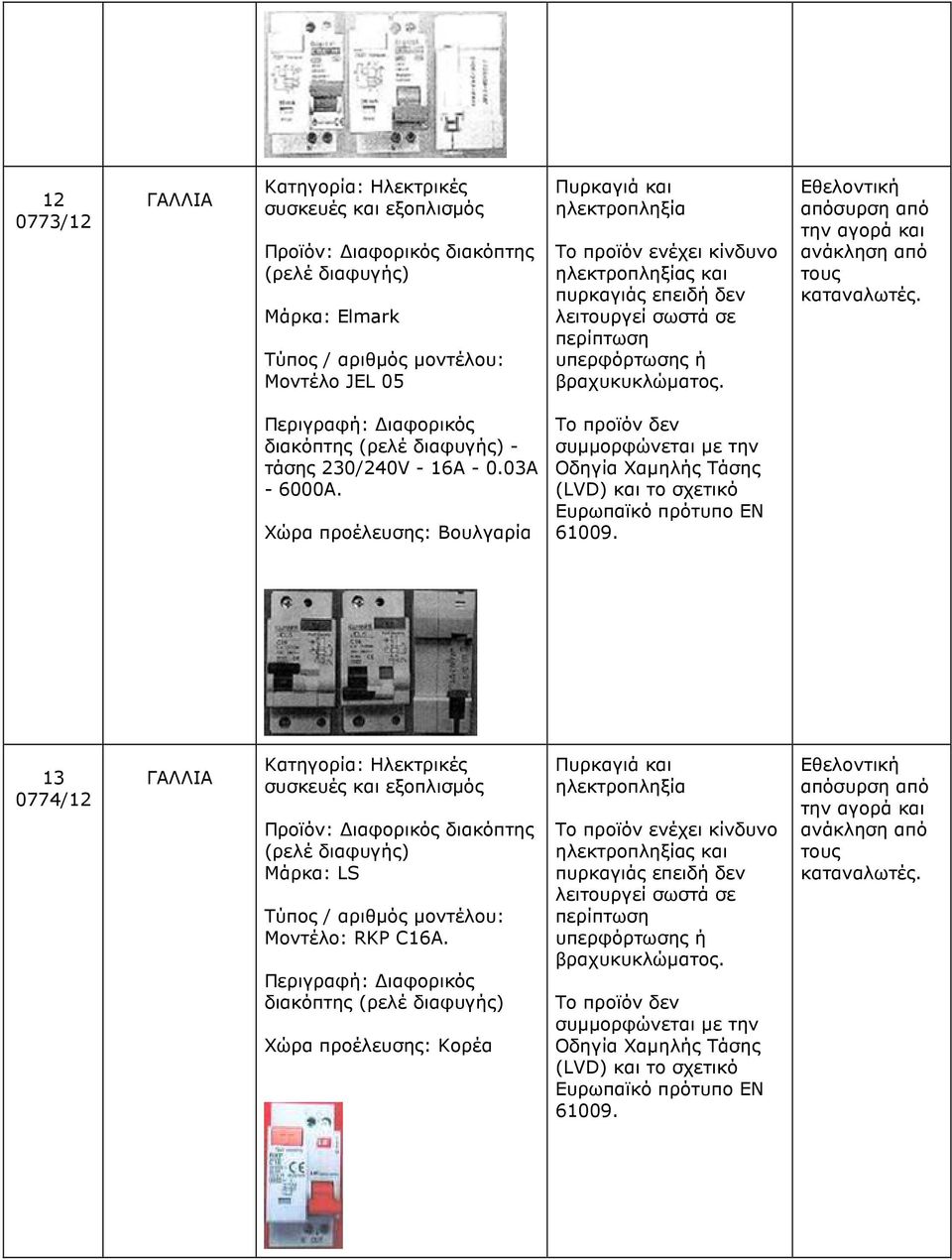 Χώρα προέλευσης: Βουλγαρία 61009. 13 0774/12 ΓΑΛΛΙΑ Προϊόν: ιαφορικός διακόπτης (ρελέ διαφυγής) Μάρκα: LS Μοντέλο: RKP C16A.