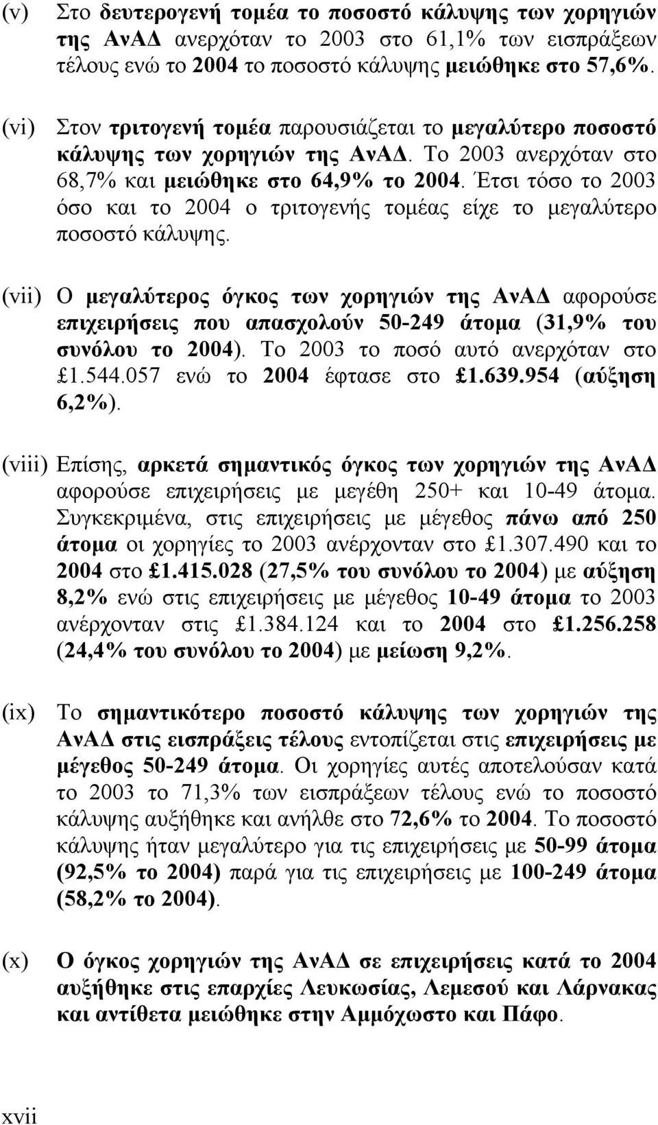 Έτσι τόσο το 2003 όσο και το 2004 ο τριτογενής τομέας είχε το μεγαλύτερο ποσοστό κάλυψης.