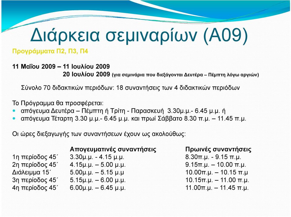 30 π.μ. 11.45 π.μ. Οι ώρες διεξαγωγής των συναντήσεων έχουν ως ακολούθως: Απογευματινές συναντήσεις Πρωινές συναντήσεις 1η περίοδος 45 3.30μ.μ. - 4.15 μ.μ. 8.30π.μ. - 9.15 π.μ. 2η περίοδος 45 4.