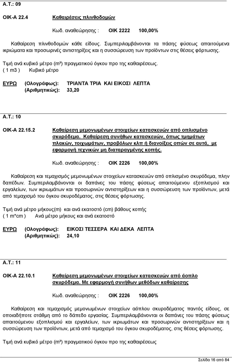 Τιμή ανά κυβικό μέτρο (m³) πραγματικού όγκου προ της καθαιρέσεως. ( 1 m3 ) Κυβικό μέτρο ΕΥΡΩ (Ολογράφως): ΤΡΙΑΝΤΑ ΤΡΙΑ ΚΑΙ ΕΙΚΟΣΙ ΛΕΠΤΑ (Αριθμητικώς): 33,20 A.T.: 10 ΟΙΚ-Α 22.15.