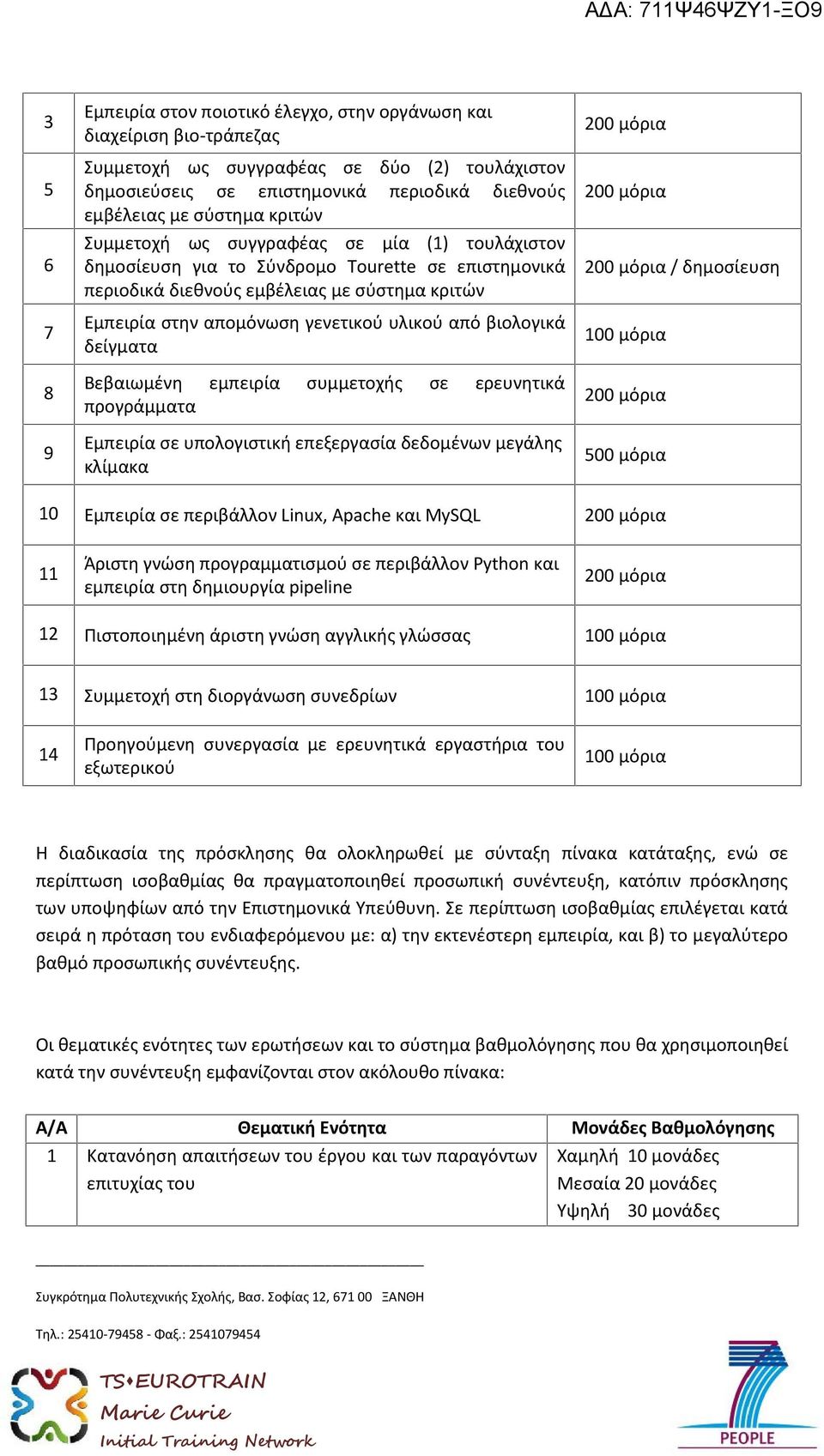 υλικού από βιολογικά δείγματα Βεβαιωμένη εμπειρία συμμετοχής σε ερευνητικά προγράμματα Εμπειρία σε υπολογιστική επεξεργασία δεδομένων μεγάλης κλίμακα / δημοσίευση 100 μόρια 500 μόρια 10 Εμπειρία σε