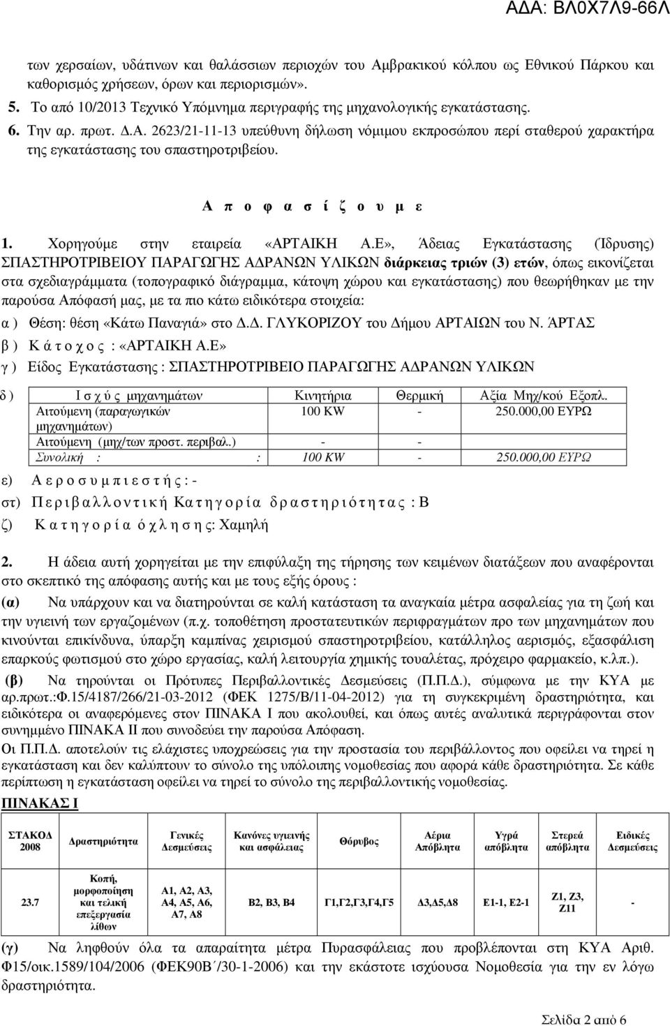 Α π ο φ α σ ί ζ ο υ µ ε 1. Χορηγούµε στην εταιρεία «ΑΡΤΑΙΚΗ Α.