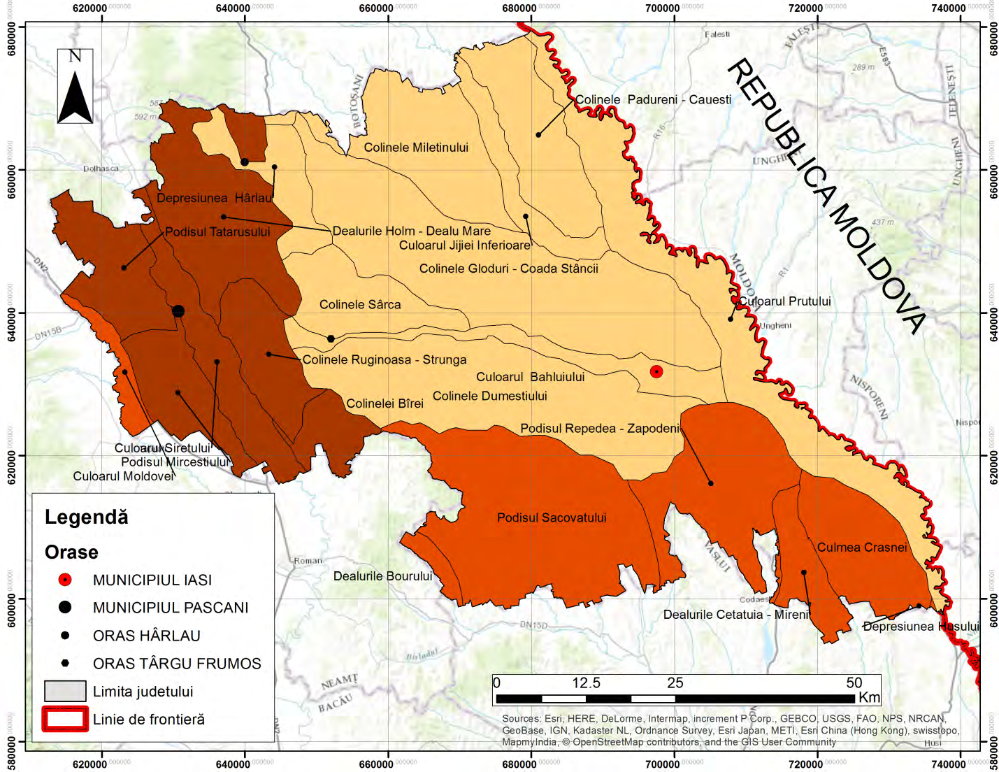 Figura 3 Harta unităților de relief din județul Iași