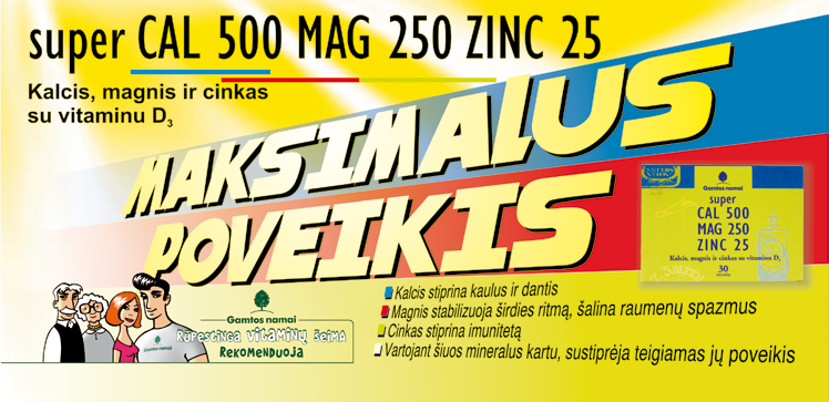 Super Cal500 Mag250 Zinc25 puikus derinys kaulams stiprinti Vaistininkė Silvija LAURYNIENĖ Organizmas negamina nei vitaminų, nei mineralinių medžiagų, todėl jų reikia gauti su maistu.
