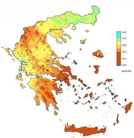 1.5 Γεωγραφική απόδοση φωτοβολταϊκών Σε γενικές γραμμές, ένα φωτοβολταϊκό σύστημα στην Ελλάδα παράγει κατά μέσο όρο ετησίως περί τις 1.150-1.400 κιλοβατώρες ανά εγκατεστημένο κιλοβάτ (ΚWh/έτος/ΚW).