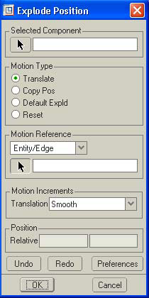 2. Πατήστε την ετικέτα Explode και µετά Edit > Redefine. Το µενού Mod Explode εµφανίζεται. 3. Πατήστε Position. Ανοίγει το πλαίσιο διαλόγου Explode Position και το µενού Select εµφανίζεται (Εικόνα 7.