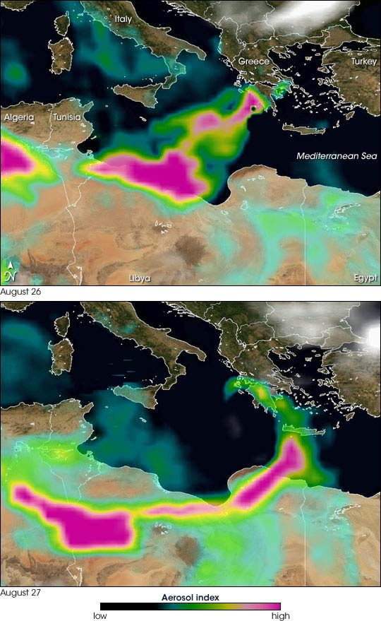 Εικόνα 14: είκτης αερολυµάτων (aerosol index) από καύση βιοµάζας (δασικές πυρκαγιές) στον Ελλαδικό χώρο, όπως καταγράφηκε από τον δορυφόρο MODIS στις 26 και 27 Αυγούστου 2007.