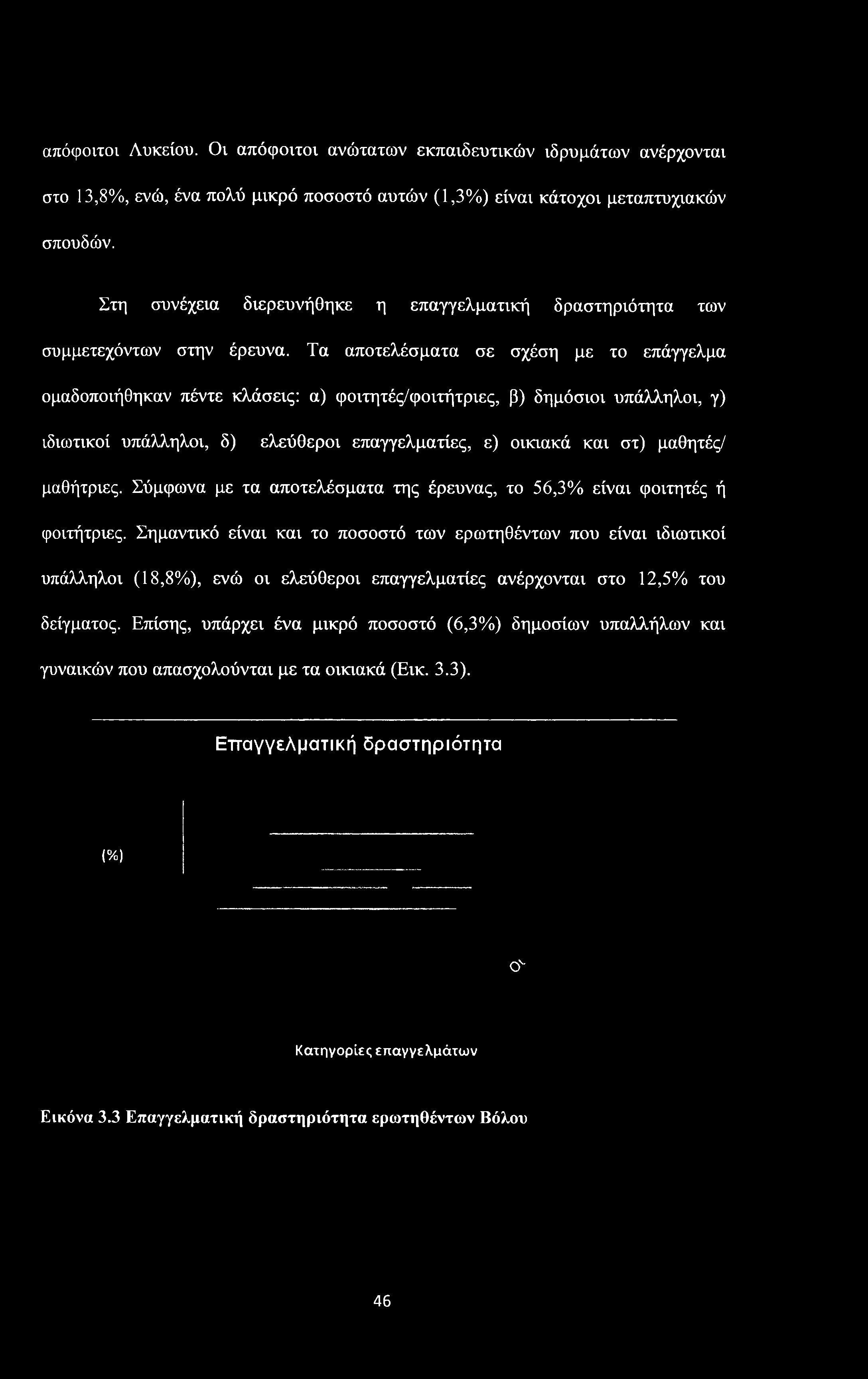απόφοιτοι Λυκείου. Οι απόφοιτοι ανώτατων εκπαιδευτικών ιδρυμάτων ανέρχονται στο 13,8%, ενώ, ένα πολύ μικρό ποσοστό αυτών (1,3%) είναι κάτοχοι μεταπτυχιακών σπουδών.