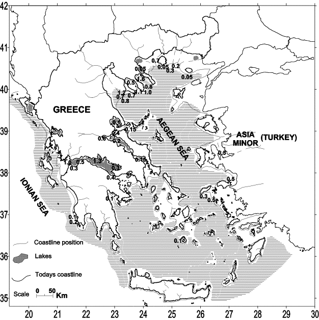 Εικ.15. Μορφολογία των παράκτιων περιοχών και θέση της ακτογραμμής κατά τη δεύτερη περίοδο χαμηλής στάθμης (21,5 kyr BP).