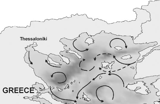 Εικ.26. Γενικευμένο μοτίβο της επιφανειακής κυκλοφορίας των υδάτων του Βορείου Αιγαίου (Ζervakis et al., 2005, Lykousis et al., 2002).
