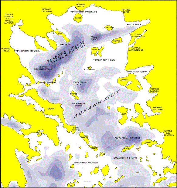 Εικ.1. Χάρτης με τη μορφολογία του πυθμένα του Αιγαίου. Ξεχωρίζουν οι σημαντικότερες λεκάνες (τάφροι) και τα ρηχά τμήματα (Κarageorgis, 1995).