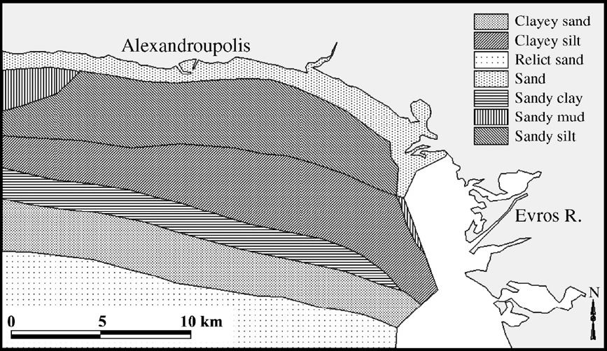 Εικ.37. Κατανομή των επιφανειακών ιζημάτων ανάλογα με το μέγεθος των κόκκων στην περιοχή του κόλπου της Αλεξανδρούπολης (Pehlivanoglou, 1989).
