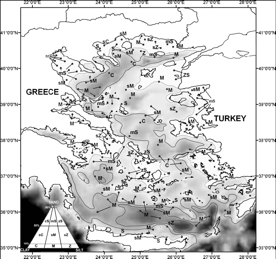 Εικ.38 Κατανομή των επιφανειακών ιζημάτων του Αιγαίου ανάλογα με τα χαρακτηριστικά της υφής τους (ονοματολογία κατά Folk, 1974).