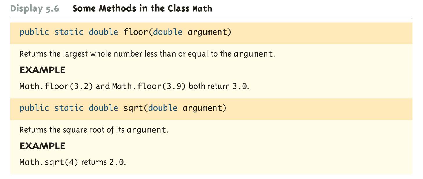 The Math Class Some Methods i the Class Math (Part 1 of 5) The Math class provides a umber of stadard mathematical methods It is foud i the java.