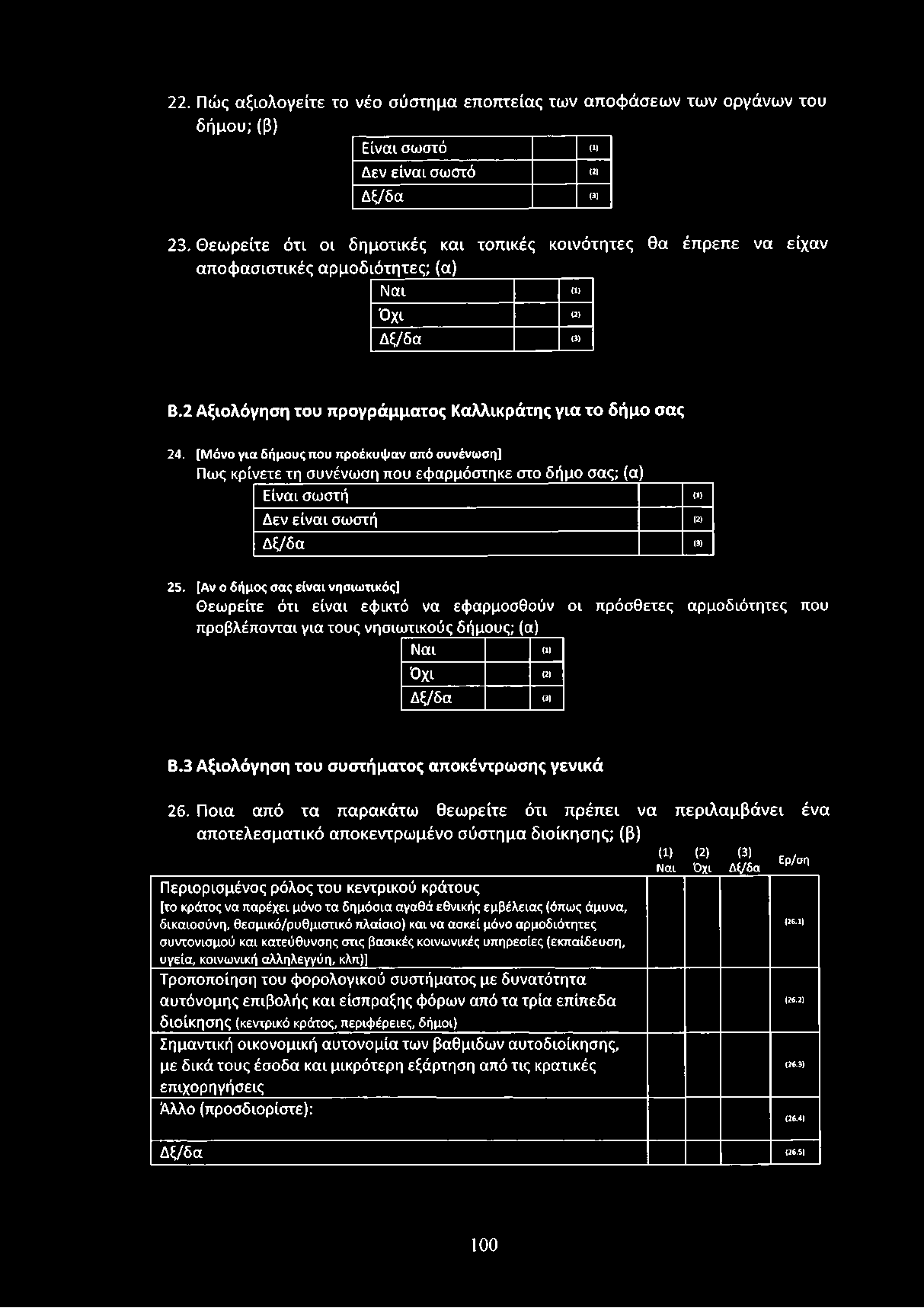22. Πώς αξιολογείτε το νέο σύστημα εποπτείας των αποφάσεων των οργάνων του δήμου; (β) Είναι σωστό (1) Δεν είναι σωστό (2) Δξ/δα (3) 23.