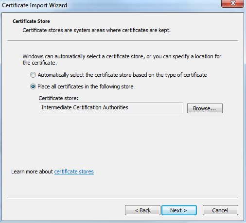Επιλέγουμε «Place all certificates in the following store» με το «Certificate store» να