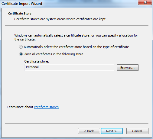 Επιλέγουμε «Place all certificates in the following store» με το