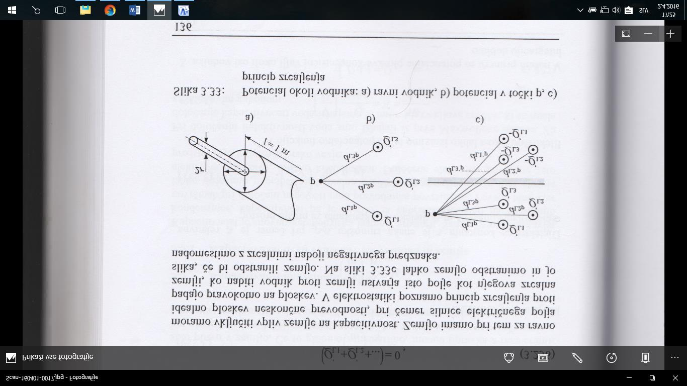 Slika 20: Potencial okoli vodnika: a) ravni vodnik, b) potencial vodnika v točki p, c) princip zrcaljenja Potencial v katerikoli točki p bi bil torej V p = 1 2πε (Q L1 ln d L1 p + Q d L2 ln d L2 p +