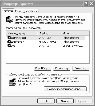 104 Ελληνικά Windows XP Βήμα Βήμα 2η έκδοση 33 Στη λίστα Χρήστες αυτού του υπολογιστή, πατήστε στην καταχώριση Joe και κατόπιν πατήστε στο κουμπί Ιδιότητες για να ανοίξετε το πλαίσιο διαλόγου