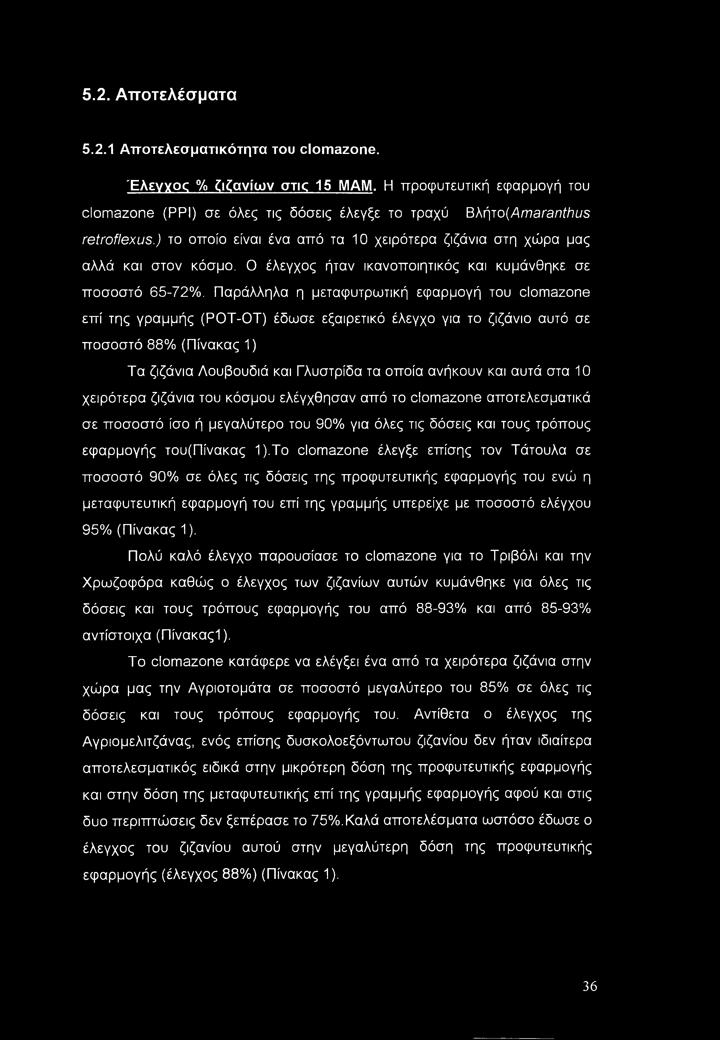 5.2. Αποτελέσματα 5.2.1 Αποτελεσματικότητα του clomazone. Έλεγχος % ζιζανίων στις 15 ΜΑΜ. Η ττροφυτευτική εφαρμογή του clomazone (ΡΡΙ) σε όλες τις δόσεις έλεγξε το τραχύ B\f\ro(Amaranthus retroflexus.