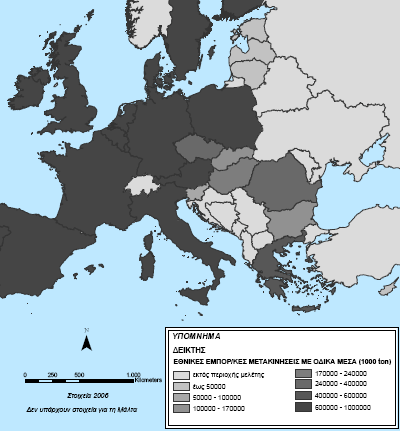 Όπως και στην περίπτωση των διεθνών εμπορευματικών μετακινήσεων, ο μεγαλύτερος οδικός εμπορευματικός φόρτος σε εθνικό επίπεδο αναφέρεται στην Πολωνία (περίπου 30% μεγαλύτερος από τον μέσο ετήσιο