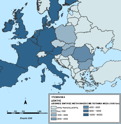 Εκτός από την Τσεχία, η οποία παρουσιάζει πολύ μικρό φόρτο, ο εμπορευματικός φόρτος σε διεθνείς μετακινήσεις με ποτάμια μέσα στις νέες χώρες-μέλη κυμαίνεται από 210 6 έως και 510 6 τόνους (Χάρτης 5.